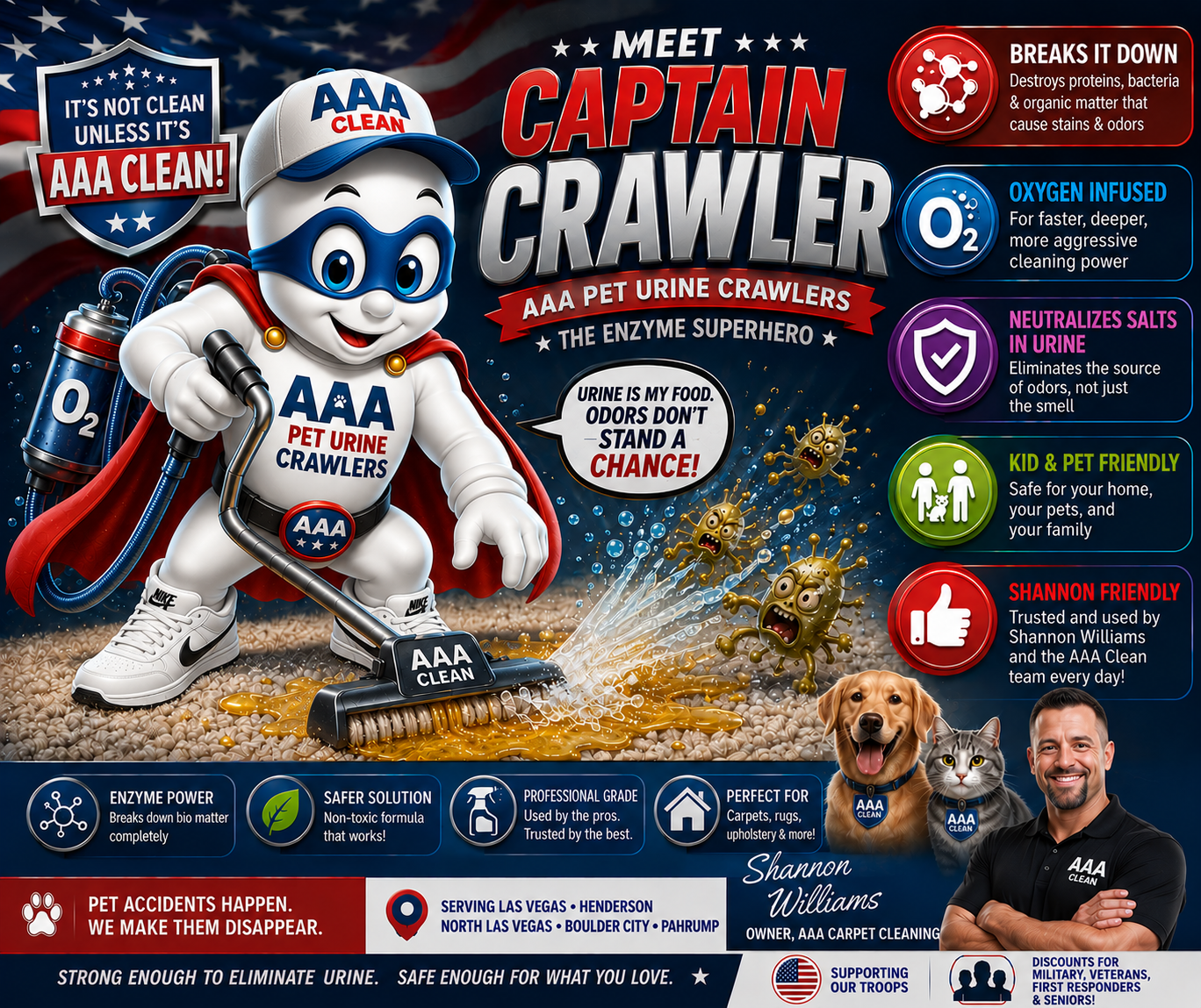 Captain Crawler — AAA Pet Urine Crawlers enzyme mascot for pet urine removal in Las Vegas
